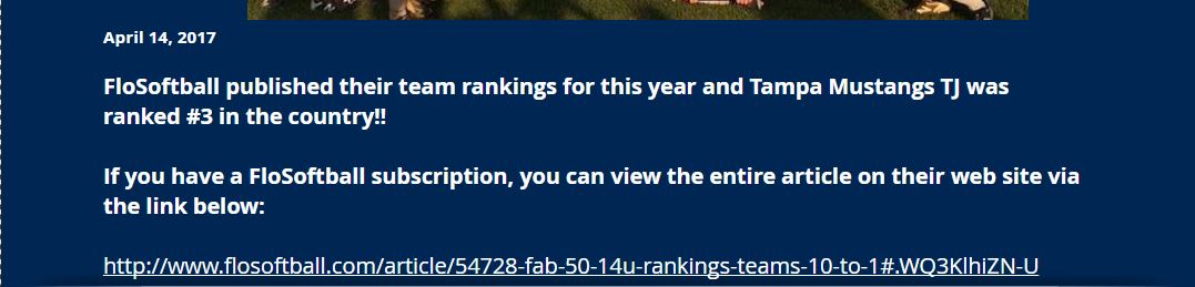 Tampa Mustangs TJ Ranked 3rd in Country by FloSoftball...