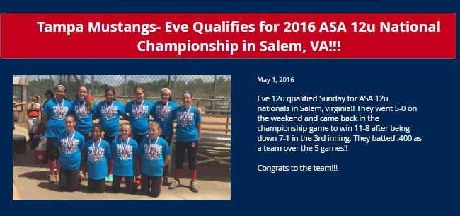 Eve 12u Qualifies for 2016 ASA 12u Nationals in Salem, VA.....