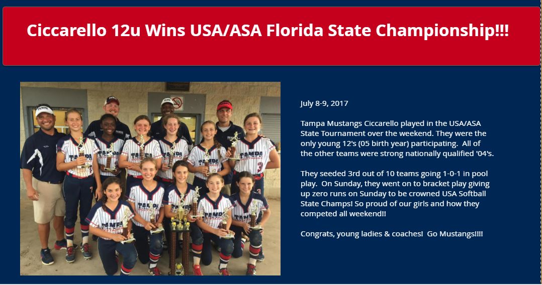 Tampa Mustangs Ciccarello 12u Wins USA/ASA Florida State Championship