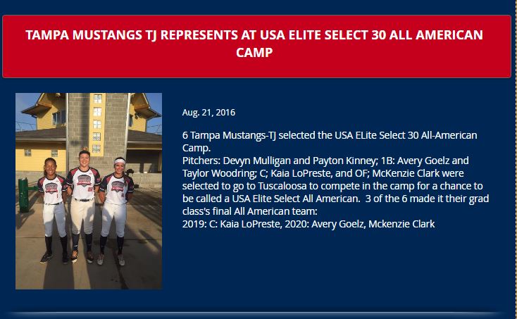 Tampa Mustangs TJ 14u Represent at USA Elite Select Camp......