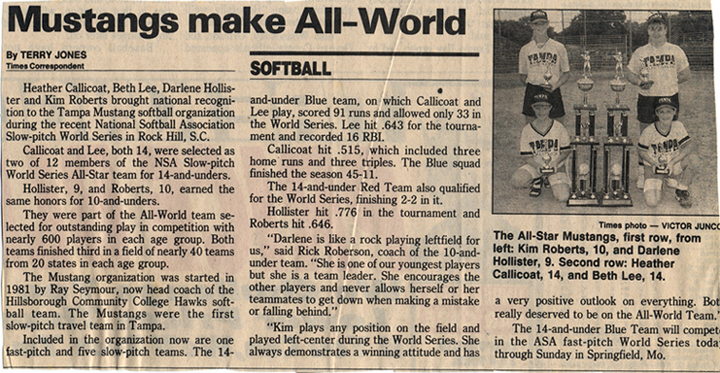 Mustangs make All World.  The Mustangs were the first slow-pitch travel team in Tampa…. 