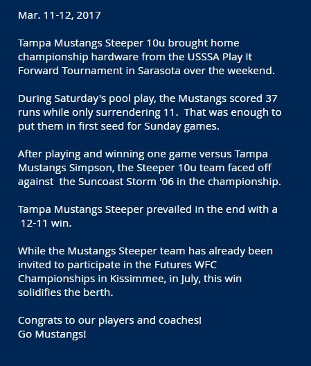 Tampa Mustangs Steeper 10u Wins USSSA Play it Forward Qualifier......